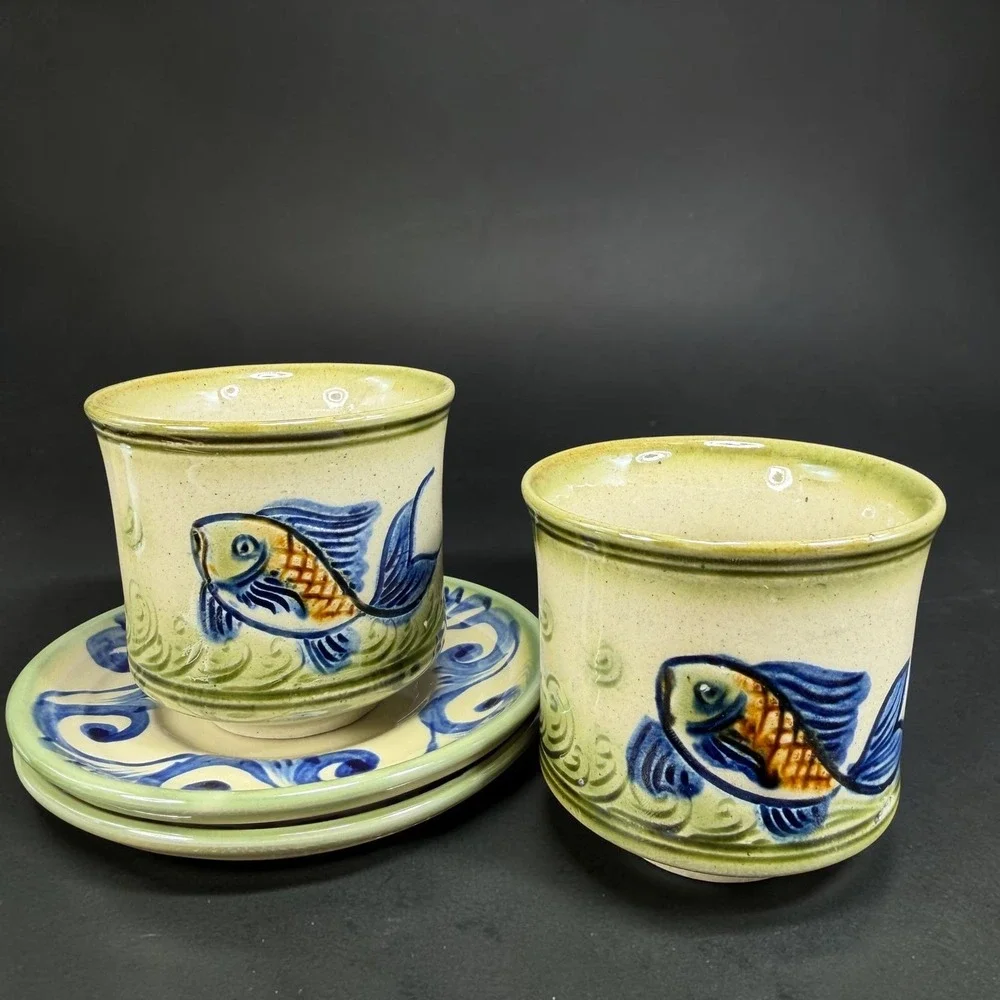 Tsuboya Ware Yachimun Japanese Pottery Fish Cups and Plates Set 4pc Okinawan